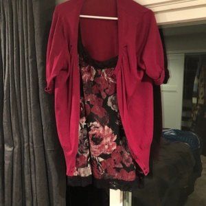 Short sleeve Cardigan and silk flowered camisole with lace bottom